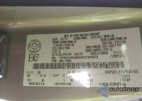 2017 Ford Escape Se z USA, uszkodzony, nr VIN 1FMCU9G95HUC90522